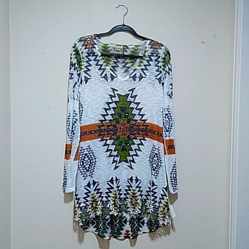 VOCAL Aztec Print Rhinestone Embellished Dress/Tunic